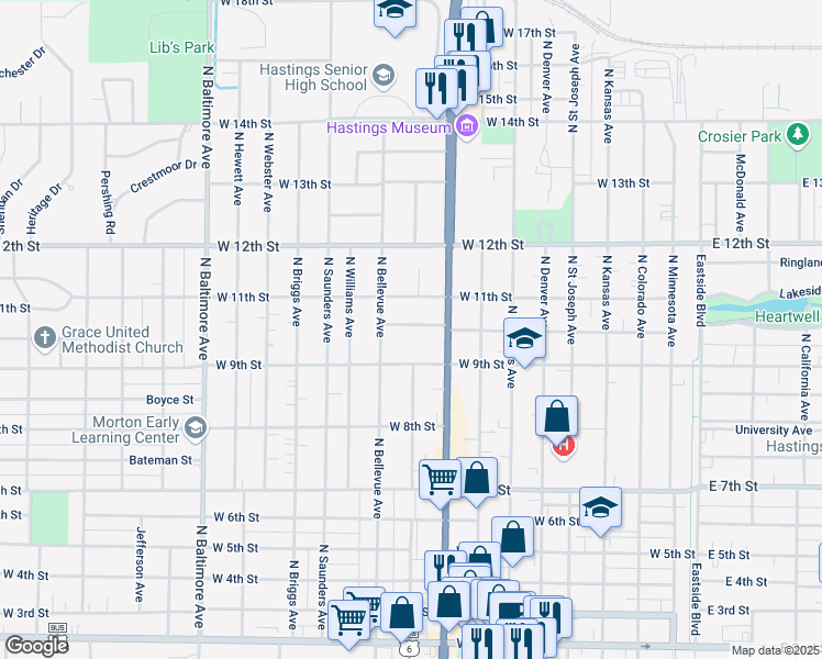 map of restaurants, bars, coffee shops, grocery stores, and more near 1001 W 10th St in Hastings