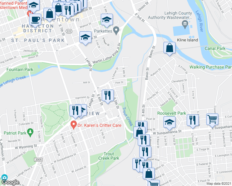 map of restaurants, bars, coffee shops, grocery stores, and more near 721 South Levan Street in Allentown