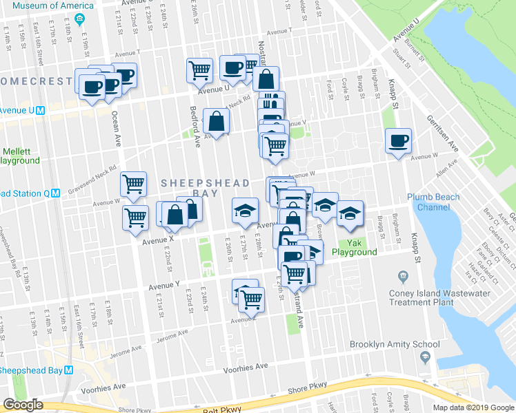 map of restaurants, bars, coffee shops, grocery stores, and more near 2347 East 28th Street in Brooklyn