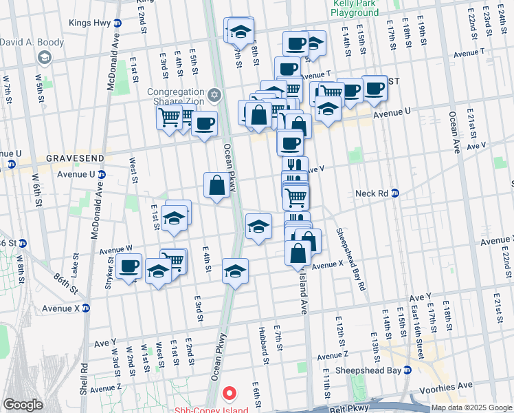 map of restaurants, bars, coffee shops, grocery stores, and more near 631 Gravesend Neck Road in Brooklyn