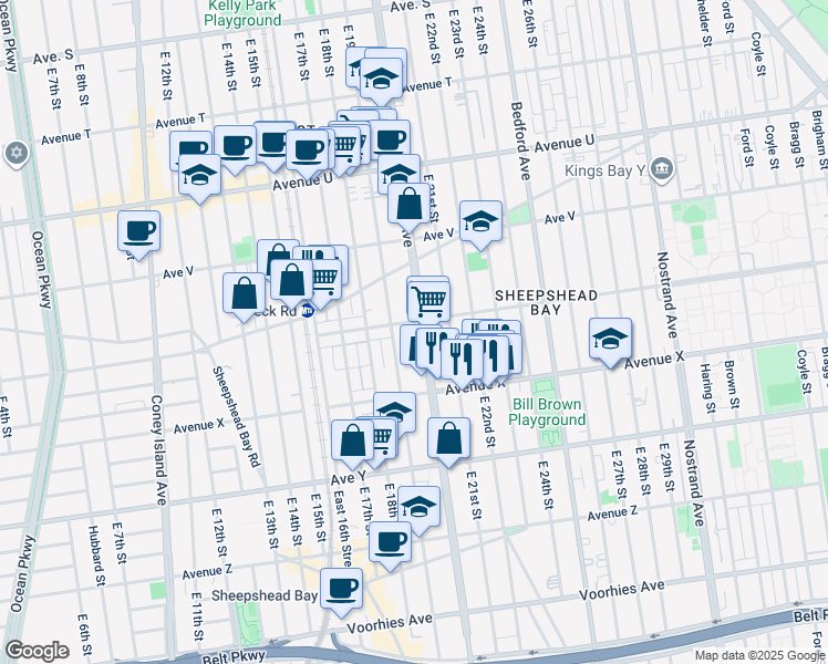 map of restaurants, bars, coffee shops, grocery stores, and more near 2301 East 19th Street in Brooklyn
