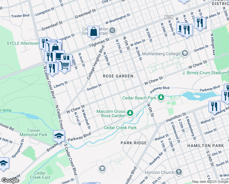 map of restaurants, bars, coffee shops, grocery stores, and more near 2803 West Chew Street in Allentown