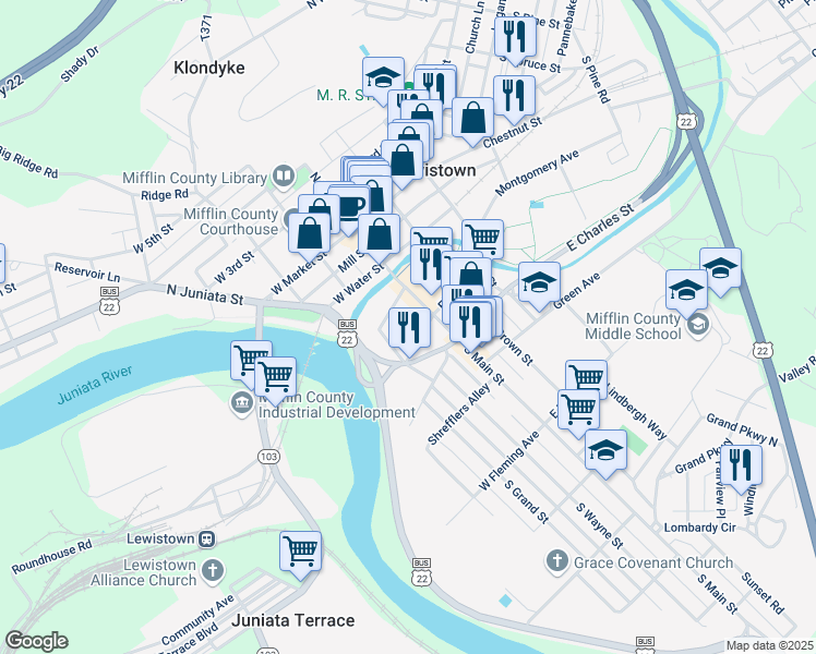 map of restaurants, bars, coffee shops, grocery stores, and more near 196 South Main Street in Lewistown