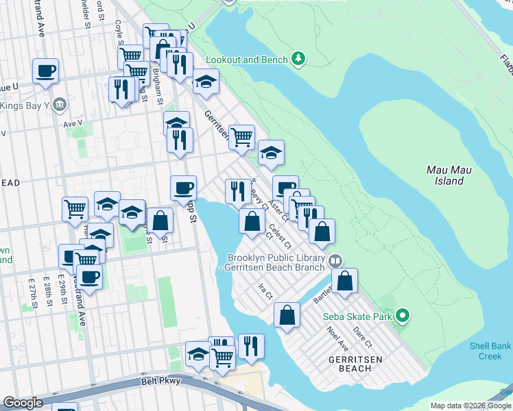 map of restaurants, bars, coffee shops, grocery stores, and more near 78 Celest Court in Brooklyn