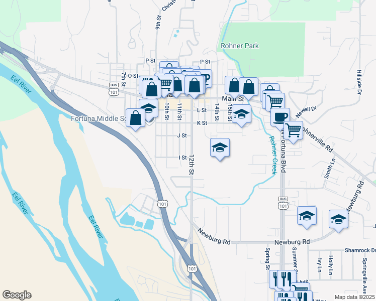 map of restaurants, bars, coffee shops, grocery stores, and more near 340 12th Street in Fortuna