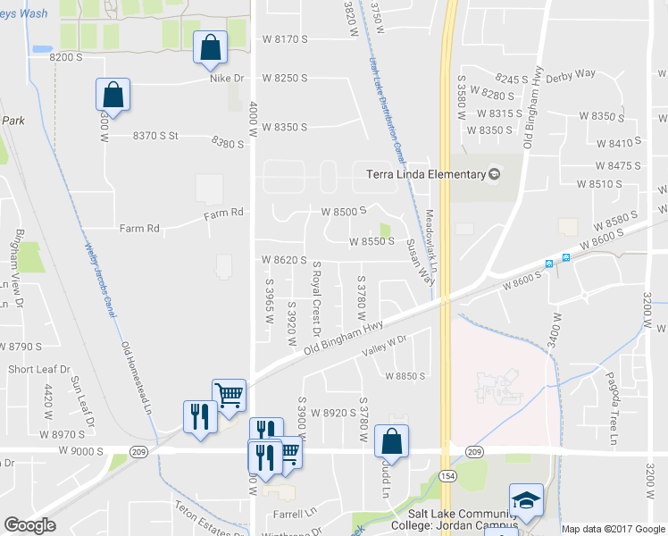 map of restaurants, bars, coffee shops, grocery stores, and more near 3857 W 8620 S in West Jordan