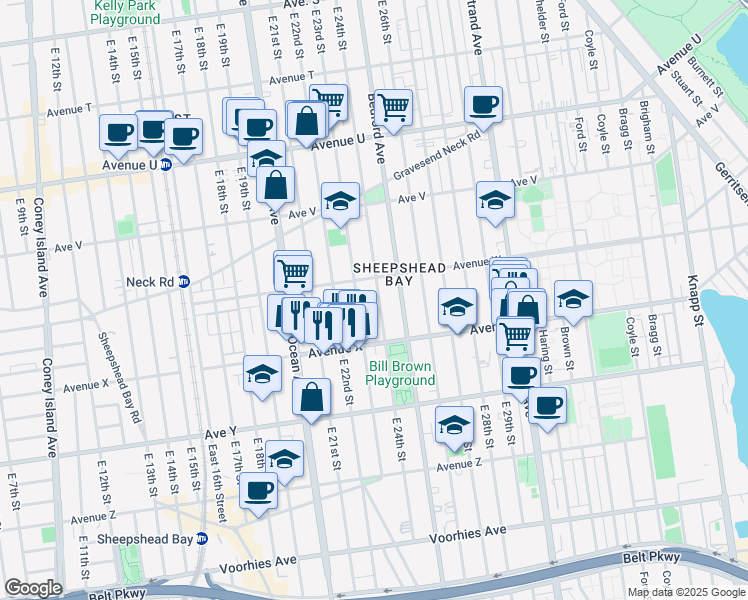 map of restaurants, bars, coffee shops, grocery stores, and more near 2328 East 24th Street in Brooklyn
