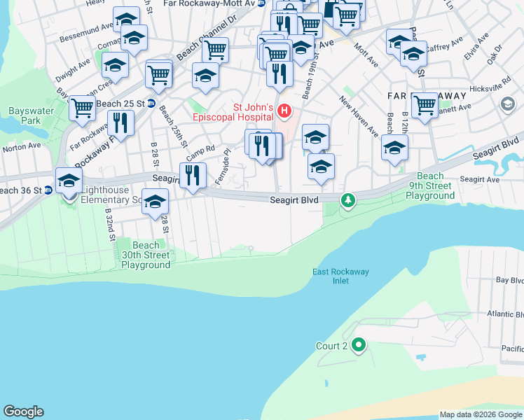 map of restaurants, bars, coffee shops, grocery stores, and more near 20-25 Seagirt Boulevard in Queens