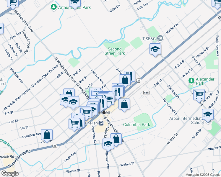 map of restaurants, bars, coffee shops, grocery stores, and more near 156 West Front Street in Dunellen