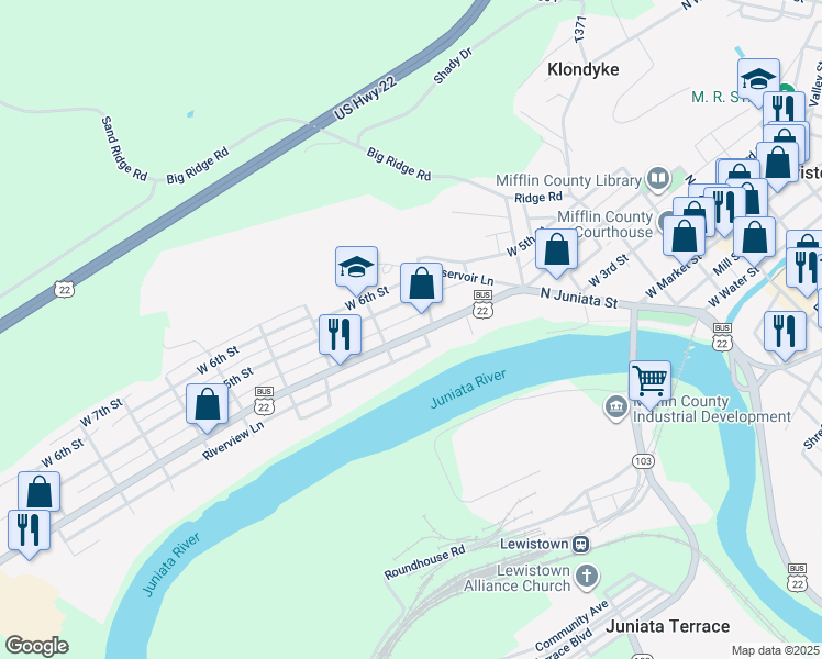 map of restaurants, bars, coffee shops, grocery stores, and more near 451 West 4th Street in Lewistown
