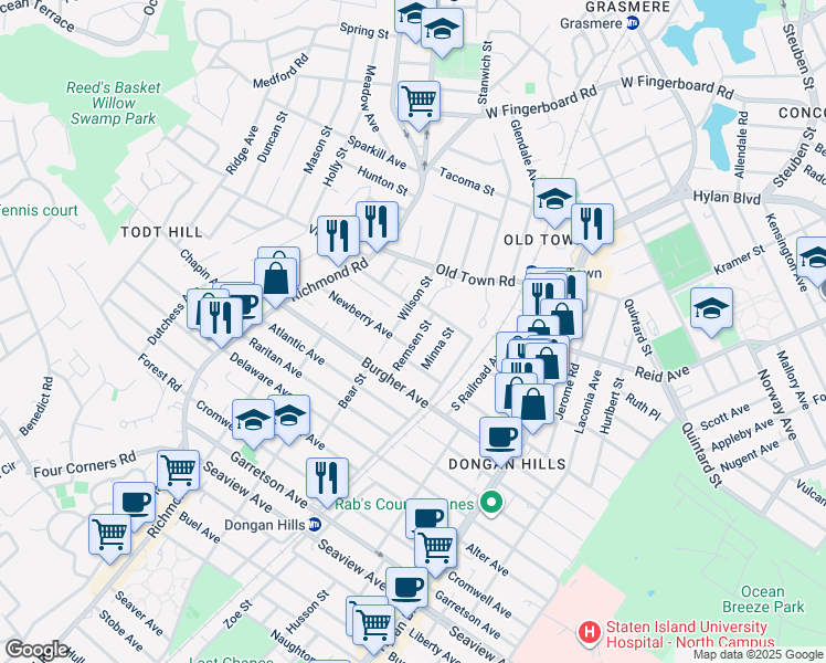 map of restaurants, bars, coffee shops, grocery stores, and more near 29 Remsen Street in Staten Island