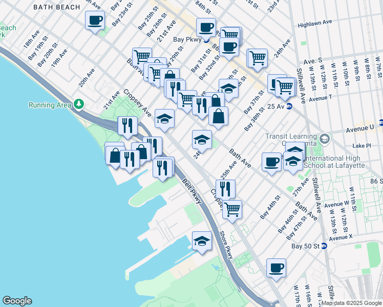 map of restaurants, bars, coffee shops, grocery stores, and more near 2375 Cropsey Avenue in Brooklyn