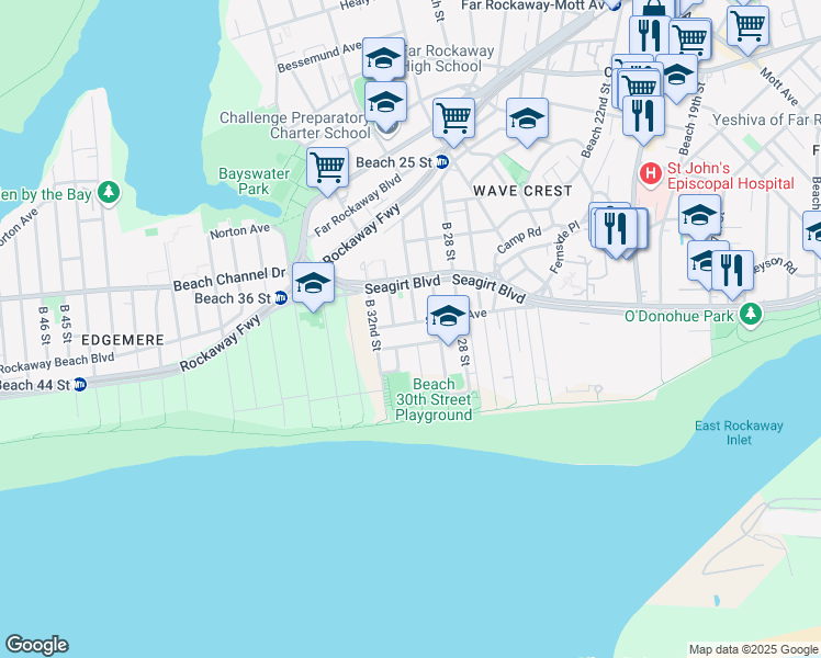 map of restaurants, bars, coffee shops, grocery stores, and more near 3005 Seagirt Avenue in Queens