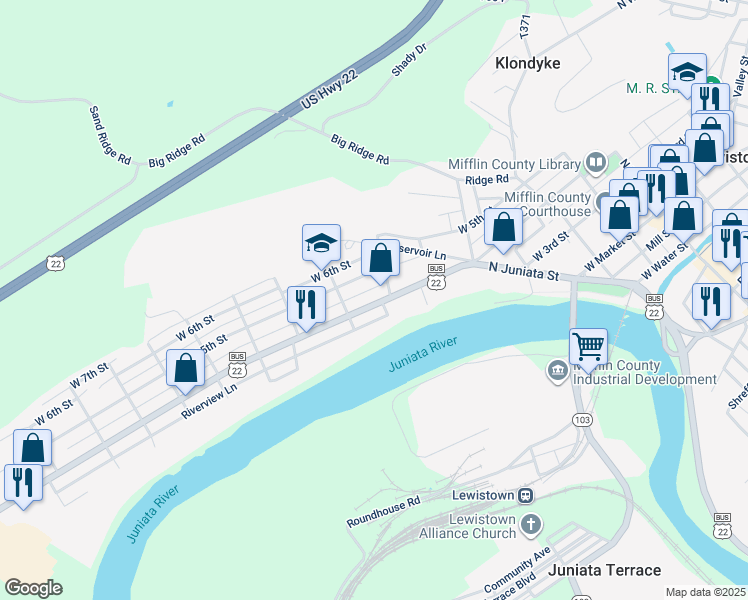 map of restaurants, bars, coffee shops, grocery stores, and more near 447 West 4th Street in Lewistown