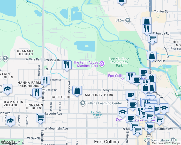map of restaurants, bars, coffee shops, grocery stores, and more near 518 North Loomis Avenue in Fort Collins