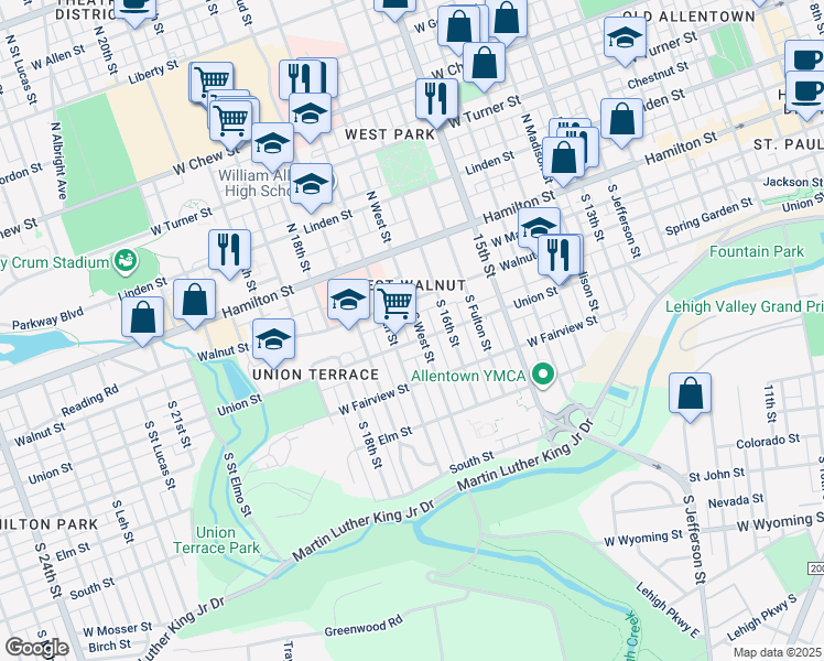 map of restaurants, bars, coffee shops, grocery stores, and more near 128 South West Street in Allentown