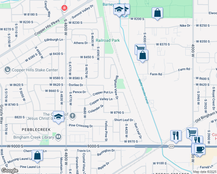 map of restaurants, bars, coffee shops, grocery stores, and more near 4521 Penny Cir in West Jordan