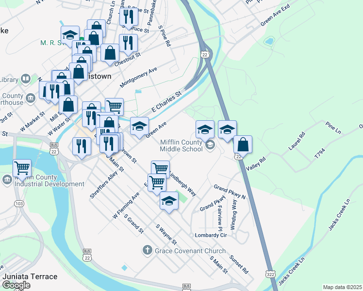 map of restaurants, bars, coffee shops, grocery stores, and more near 41 Manor Drive in Lewistown