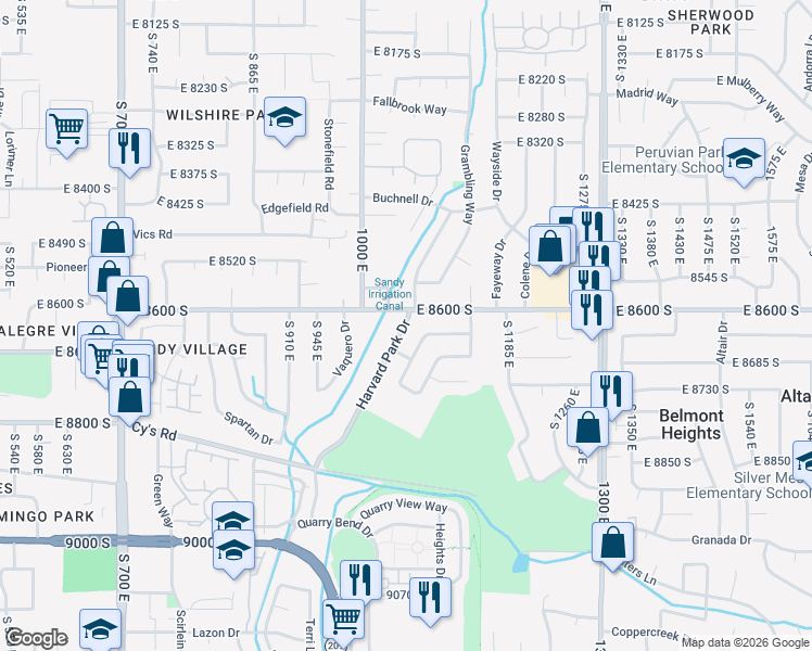 map of restaurants, bars, coffee shops, grocery stores, and more near 8627 South 1060 East in Sandy