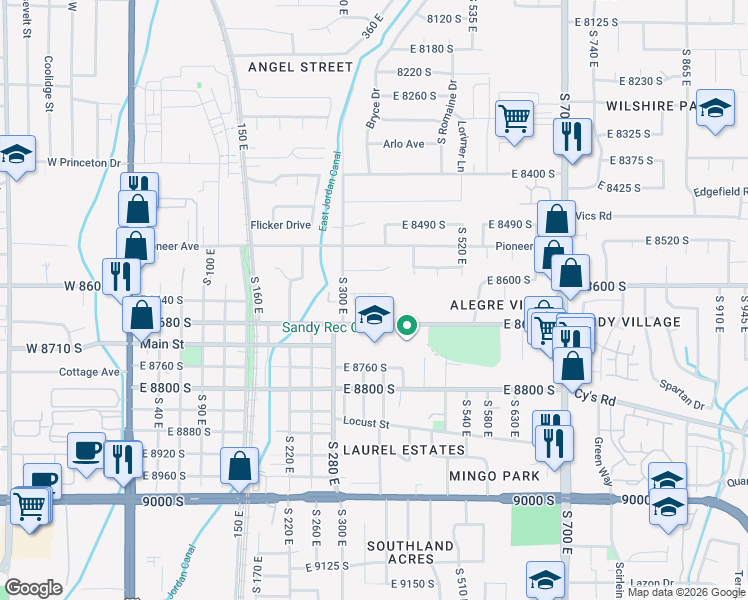 map of restaurants, bars, coffee shops, grocery stores, and more near 366 8620 South in Sandy