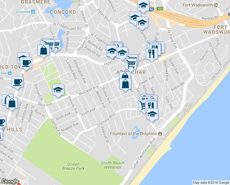 map of restaurants, bars, coffee shops, grocery stores, and more near 123 Hickory Avenue in Staten Island