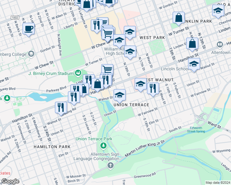 map of restaurants, bars, coffee shops, grocery stores, and more near 36 South 19th Street in Allentown