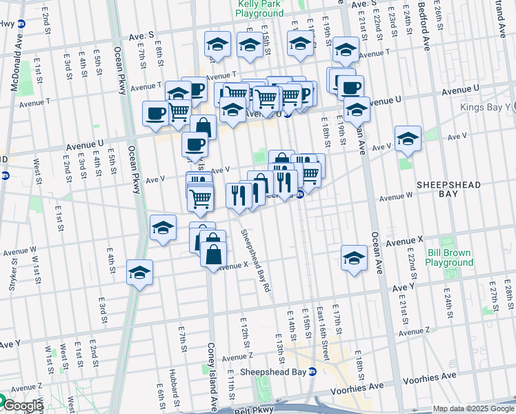 map of restaurants, bars, coffee shops, grocery stores, and more near 1223 Gravesend Neck Road in Brooklyn