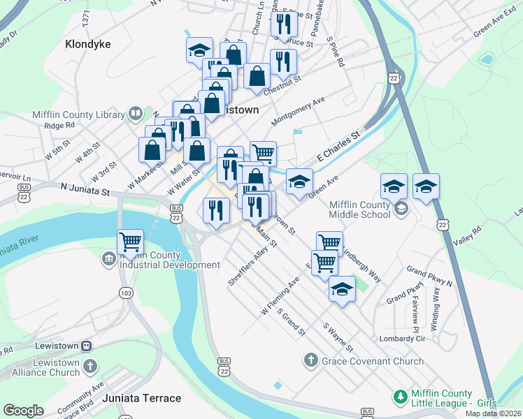 map of restaurants, bars, coffee shops, grocery stores, and more near 308 South Brown Street in Lewistown