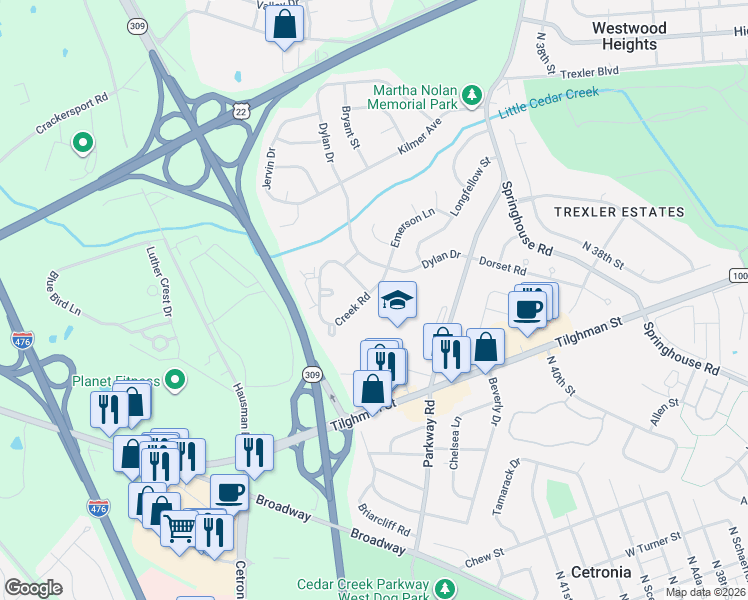 map of restaurants, bars, coffee shops, grocery stores, and more near 4302 Creek Rd in Allentown
