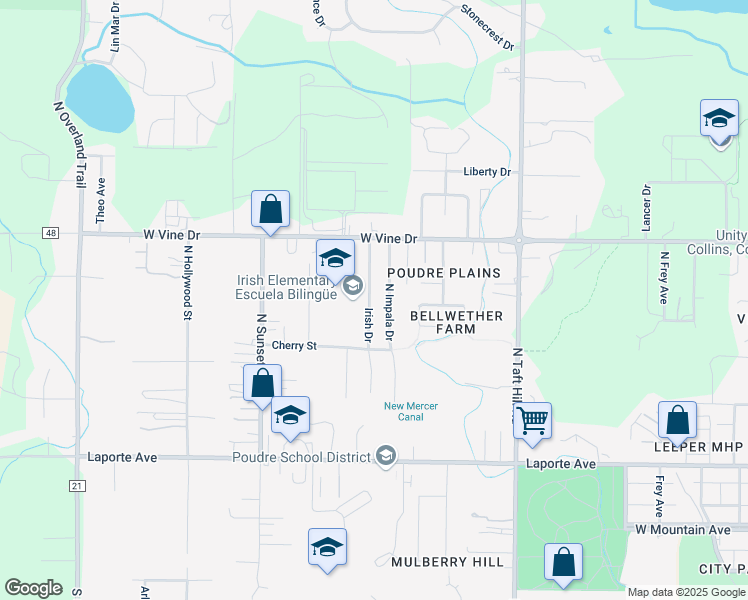 map of restaurants, bars, coffee shops, grocery stores, and more near 528 Irish Drive in Fort Collins
