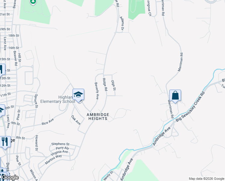 map of restaurants, bars, coffee shops, grocery stores, and more near 981 Olga Street in Ambridge