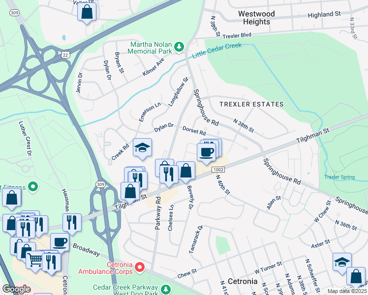 map of restaurants, bars, coffee shops, grocery stores, and more near 4093 Hampshire Court in Allentown