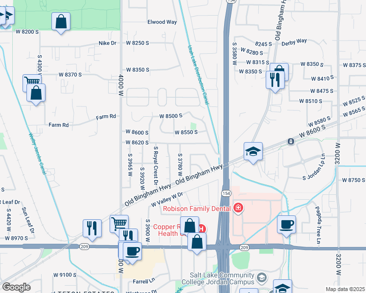 map of restaurants, bars, coffee shops, grocery stores, and more near 3757 West 8620 South in West Jordan
