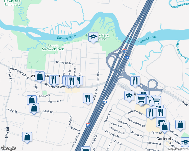 map of restaurants, bars, coffee shops, grocery stores, and more near 8 Vermont Avenue in Carteret