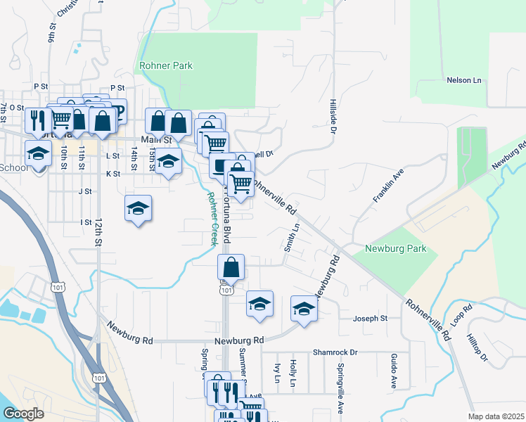 map of restaurants, bars, coffee shops, grocery stores, and more near 2062 David Way in Fortuna