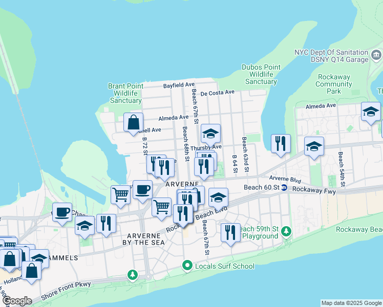 map of restaurants, bars, coffee shops, grocery stores, and more near 4-64 Beach 68th Street in Queens