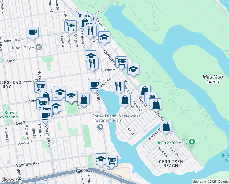 map of restaurants, bars, coffee shops, grocery stores, and more near 78 Ebony Court in Brooklyn