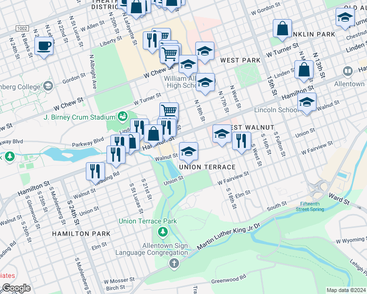 map of restaurants, bars, coffee shops, grocery stores, and more near 36 South 19th Street in Allentown