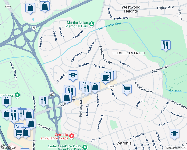 map of restaurants, bars, coffee shops, grocery stores, and more near 4093 Hampshire Court in Allentown