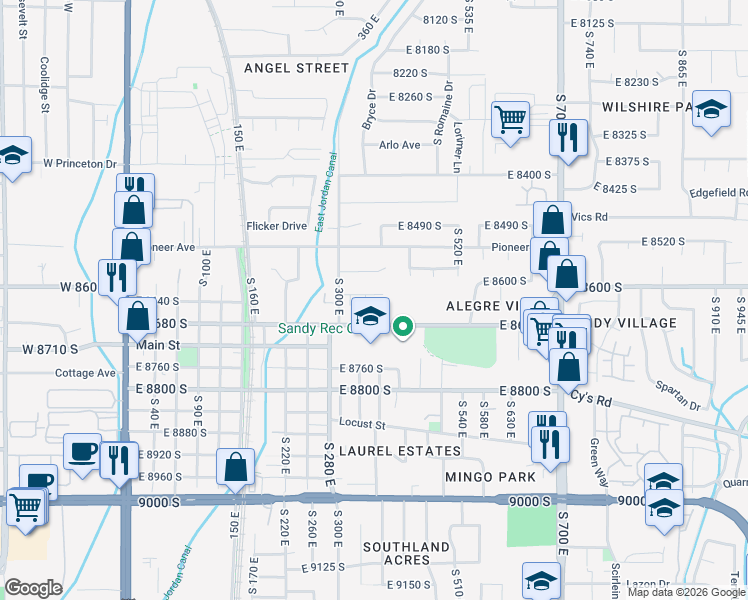 map of restaurants, bars, coffee shops, grocery stores, and more near 366 8620 South in Sandy