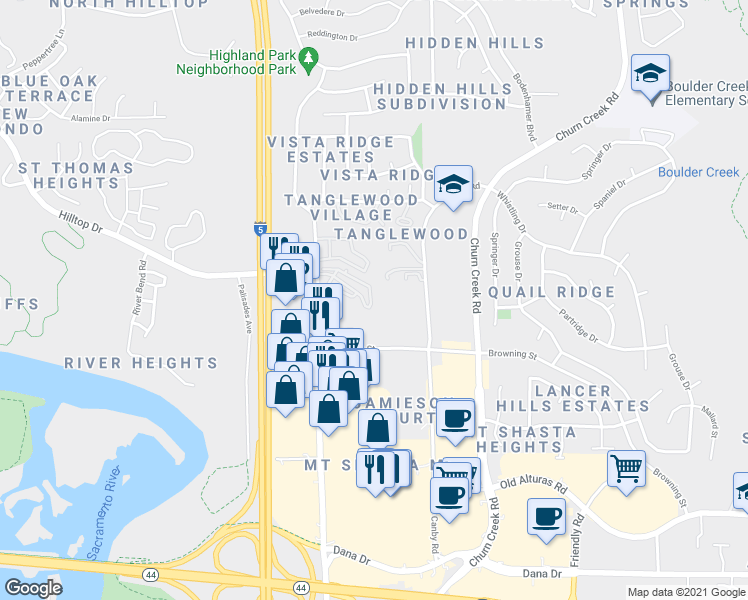 map of restaurants, bars, coffee shops, grocery stores, and more near 895 Mission Sierra Court in Redding