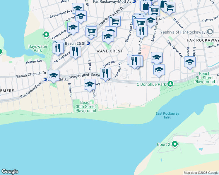 map of restaurants, bars, coffee shops, grocery stores, and more near 183 Beach 24th Street in Queens