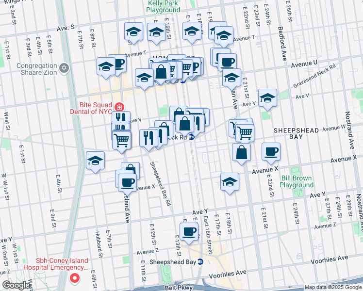map of restaurants, bars, coffee shops, grocery stores, and more near 2282 East 15th Street in Brooklyn
