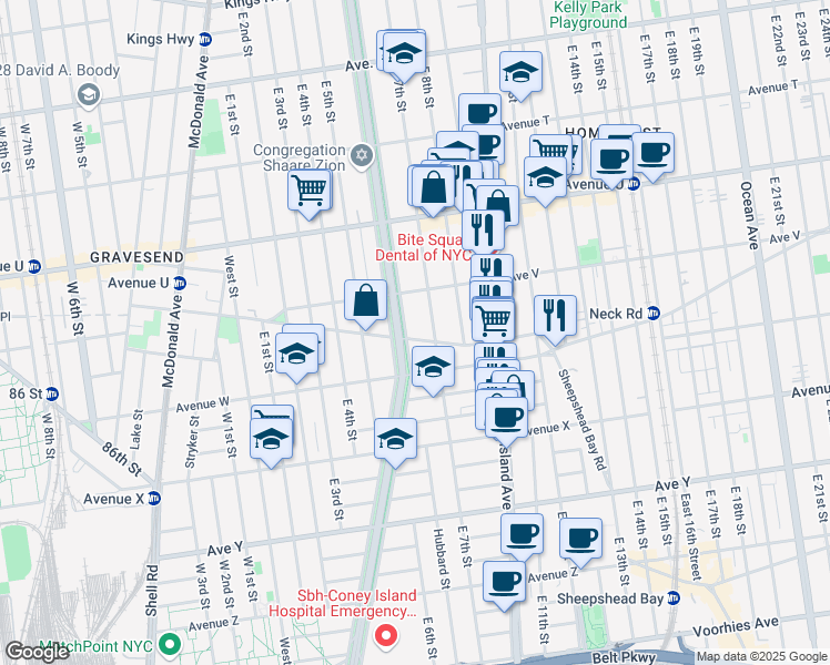 map of restaurants, bars, coffee shops, grocery stores, and more near 631 Gravesend Neck Road in Brooklyn