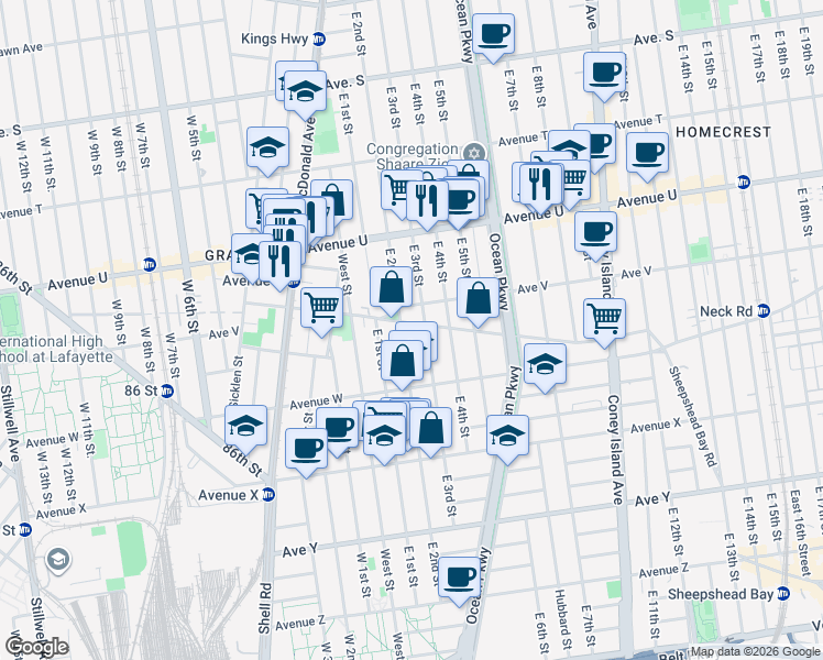 map of restaurants, bars, coffee shops, grocery stores, and more near 302 Gravesend Neck Road in Brooklyn