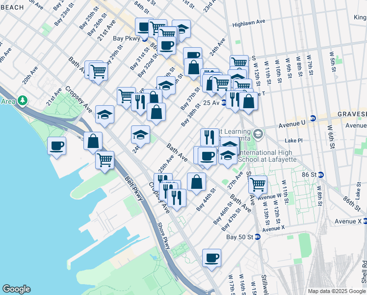 map of restaurants, bars, coffee shops, grocery stores, and more near 2505 Bath Avenue in Brooklyn