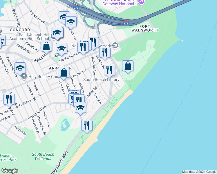 map of restaurants, bars, coffee shops, grocery stores, and more near 23 Linda Avenue in Staten Island