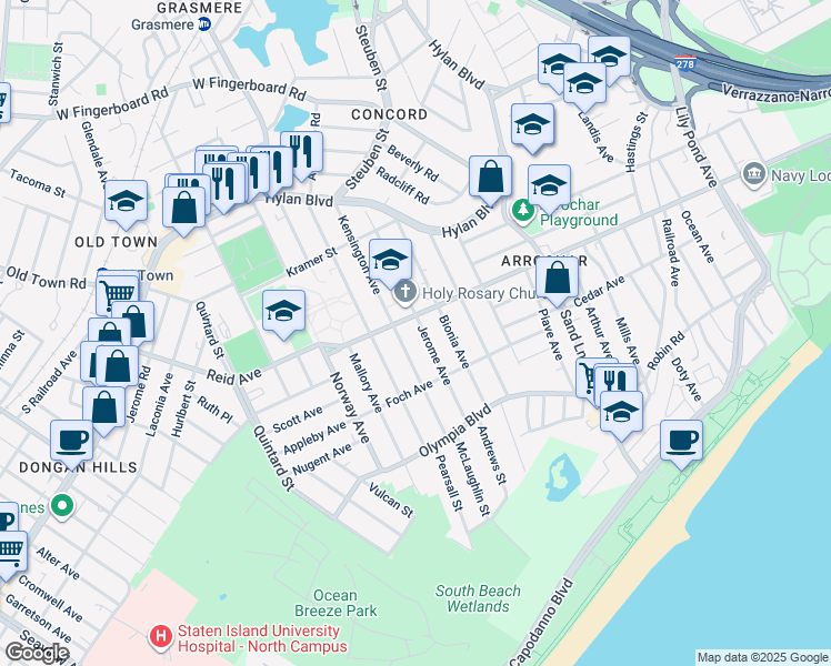map of restaurants, bars, coffee shops, grocery stores, and more near 161 Kensington Avenue in Staten Island