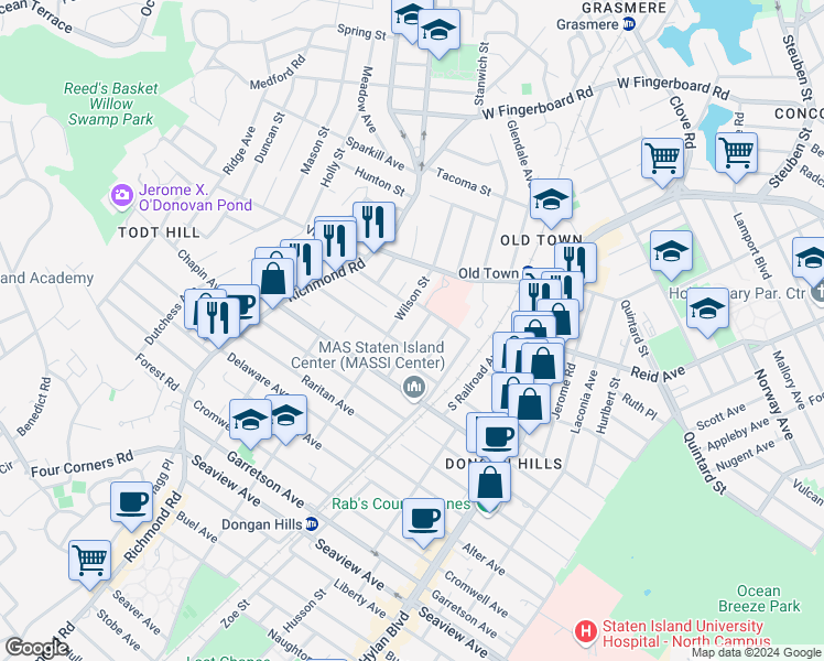 map of restaurants, bars, coffee shops, grocery stores, and more near 99 Newberry Avenue in Staten Island