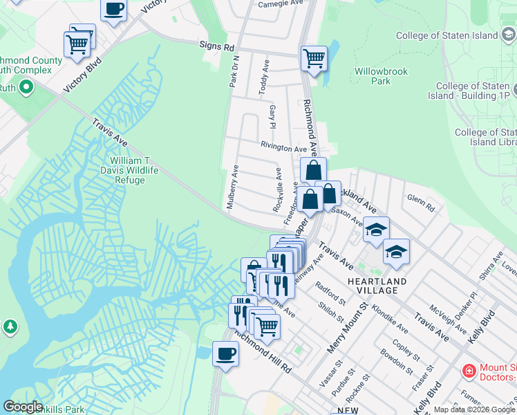 map of restaurants, bars, coffee shops, grocery stores, and more near 57 Sleepy Hollow Road in Staten Island